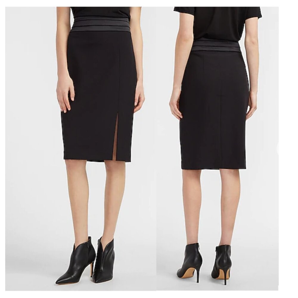 NWT Express Tuxedo Cummerbund Pencil Skirt Black Satin Waist Sz 0 XS